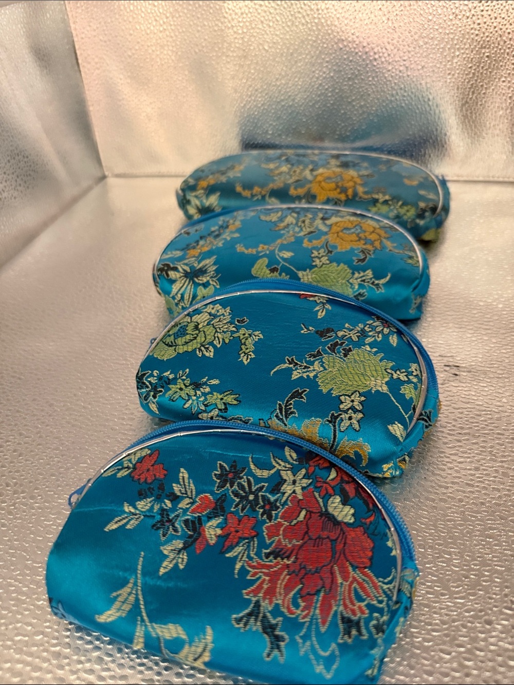 Blue Floral Faux Satin Coin Pouches - Set of 5